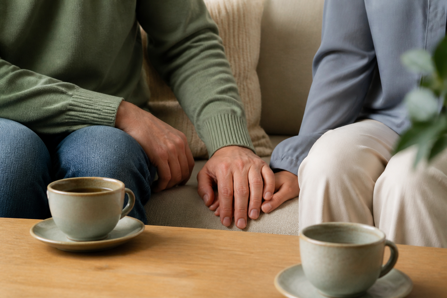 Connection and support through relationship therapy Two adults sitting together with supportive hands and warm tea in a calm setting